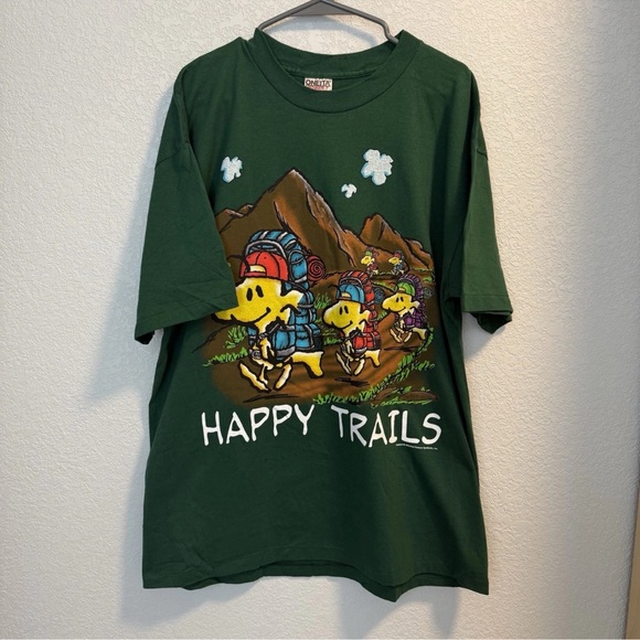VINTAGE Peanuts Snoopy Happy Trails Woodstock hiking Graphic T-Shirt xL - Picture 8 of 14